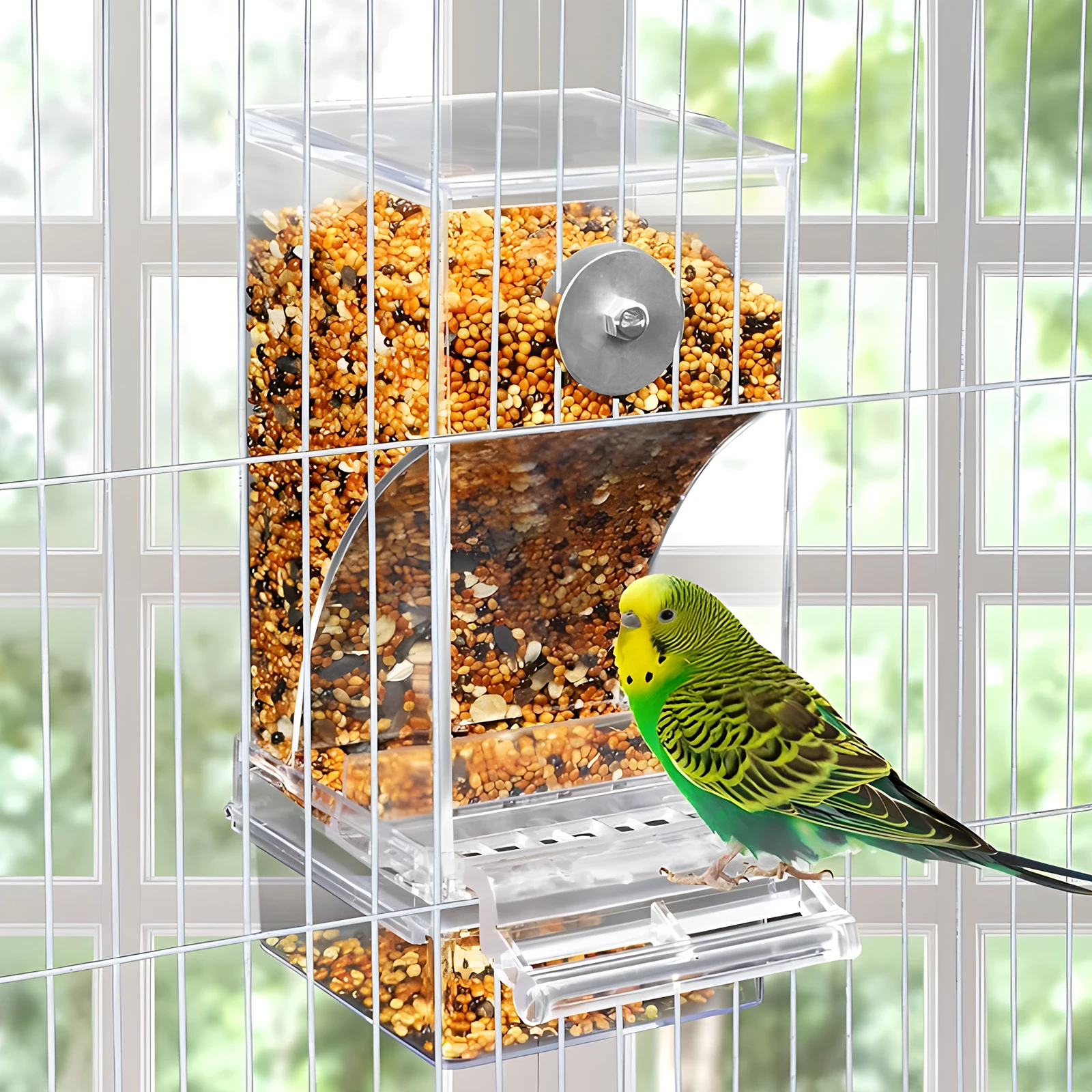 Wolinpet No Mess Automatic Bird Feeder Transparent Food Container Cage Acrylic Parrot Feeder Accessories for Small Birds Parrot