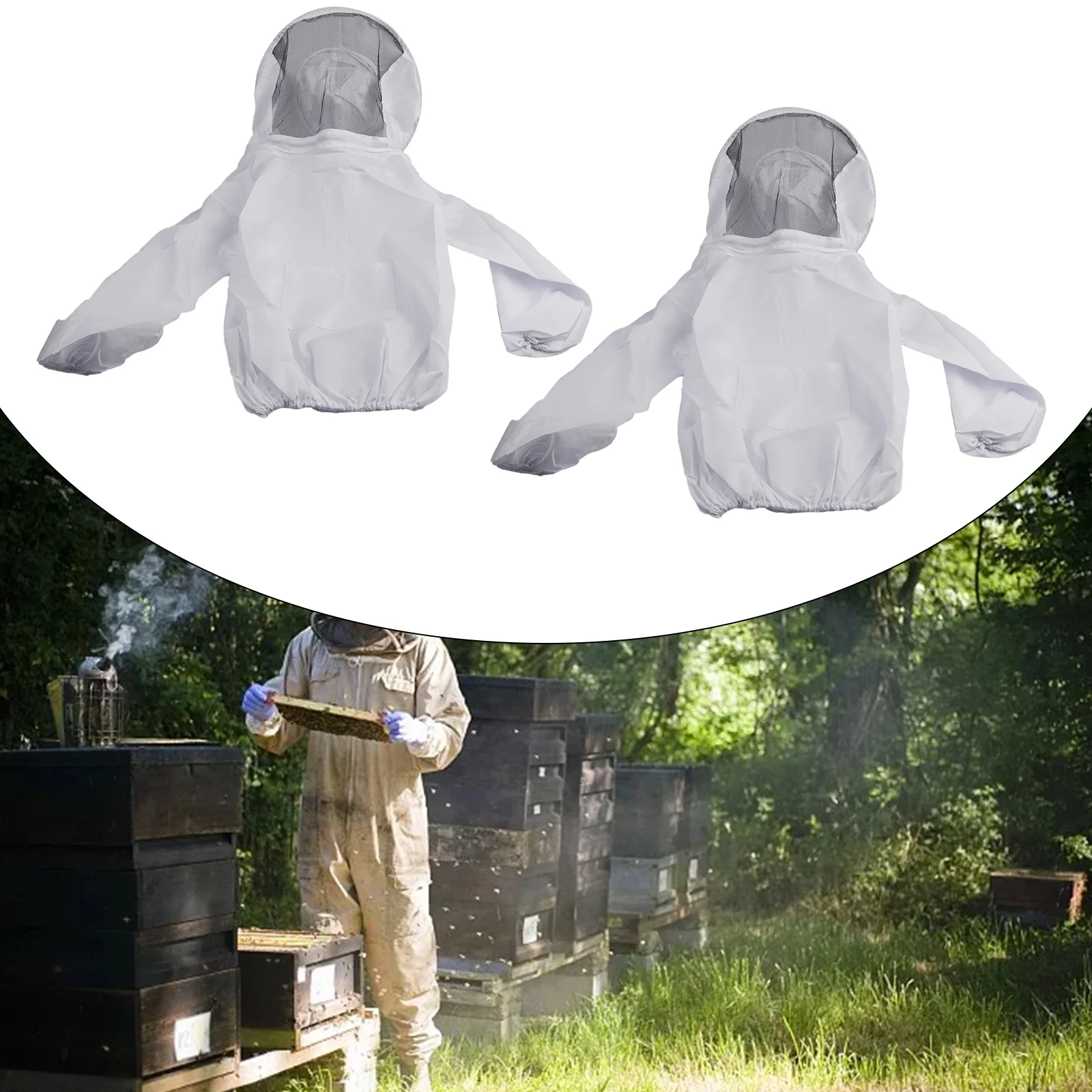 2pcs Beekeeping Jacket Bee Keeper Keeping Suit Pull Over Hat V Eil Smock Protect White Bee Suit Work Clothes 55 Cm Sleeve Length