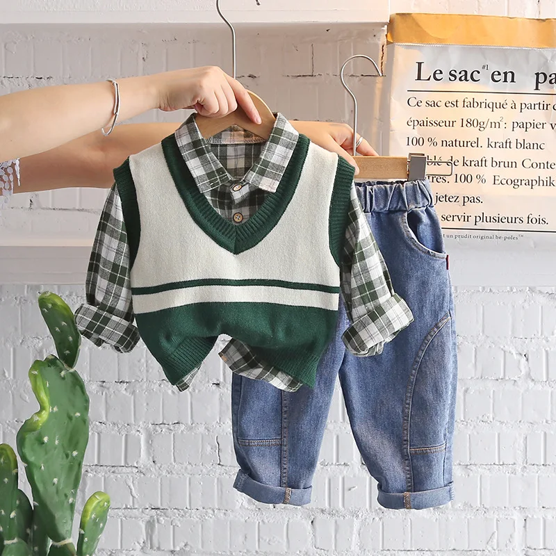 New Spring Autumn Baby Clothes Suit Children Boys Fashion Plaid Shirt Vest Pants 3Pcs/Set Toddler Casual Costume Kids Tracksuits