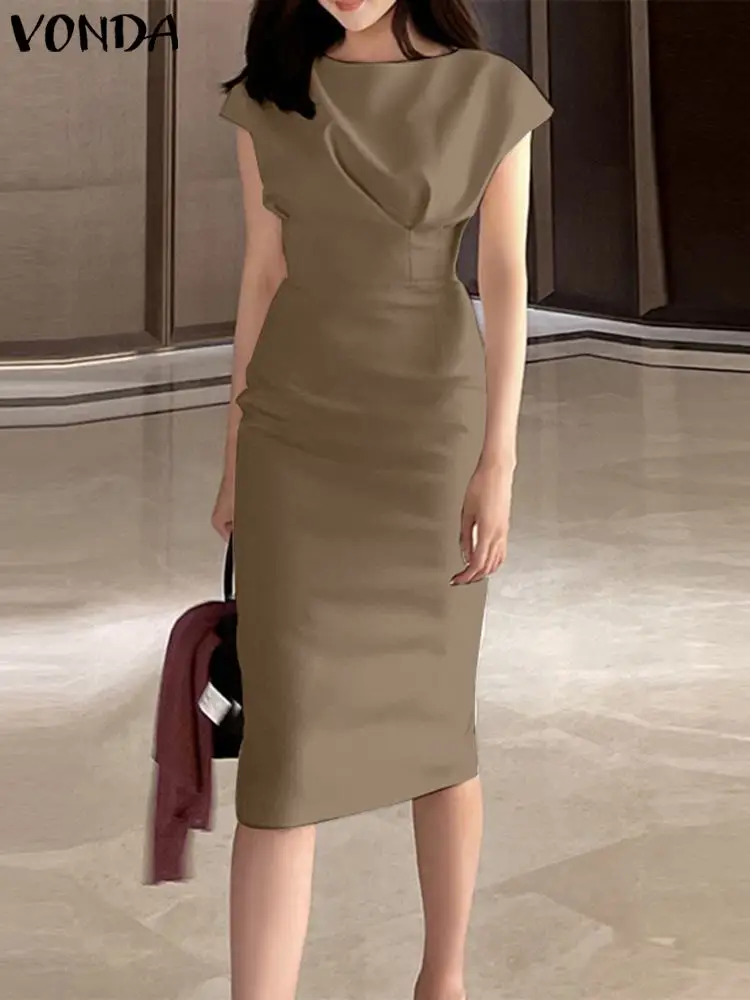 

Summer Mid-Calf Dress 2023 Women Elegant Solid Color Office Dress VONDA Sexy Round Neck Sundress Fashion Robe Femme