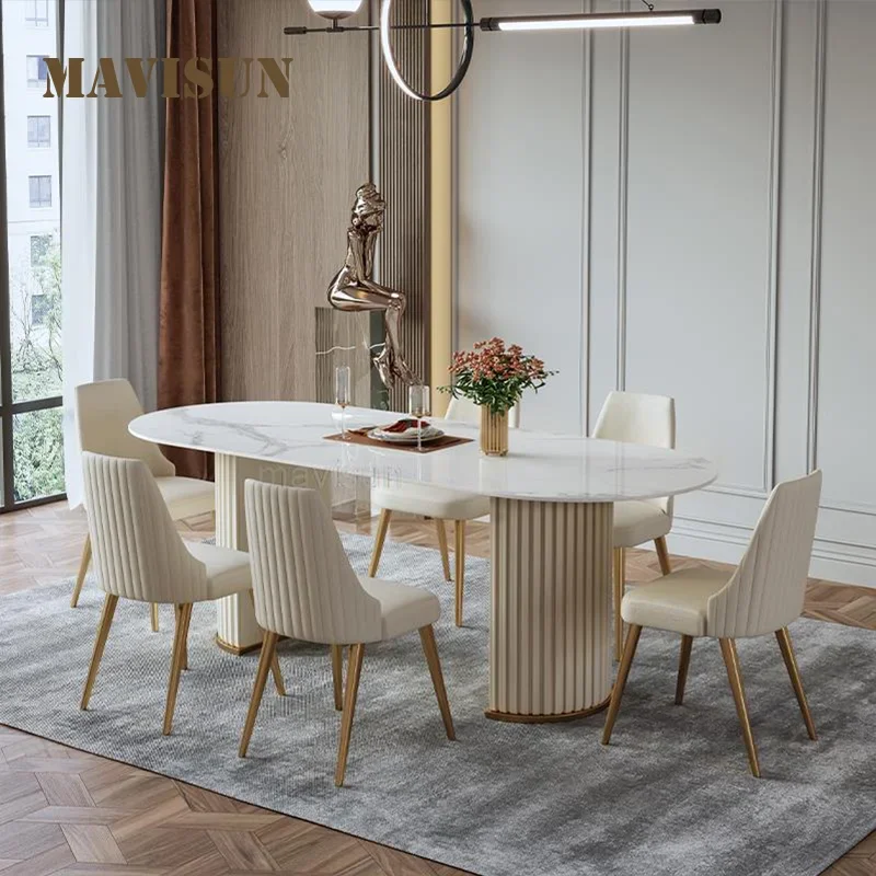 

White Oval Dinner Table For Kitchen Nordic Postmodern Simple Furniture Glossy Rock Board Modern Light Luxury Table And Chairs