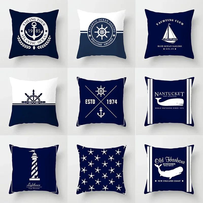 

Navy Blue Series Compass Anchor Whale Pattern Printed Soft Square Pillowslip Polyester Cushion Cover Pillowcase Home Decor