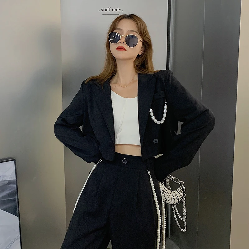 

Women's Autumn Vintage Casual Pearl Pendant Blazer Coat Wide Leg Pants Set Black Hepburn Style Short Suit Pants Two Piece Set