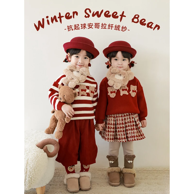 

Winter New Children Little Bear Embroidery Sesame Dot Jacquard Sweater Baby Girls Knit Top