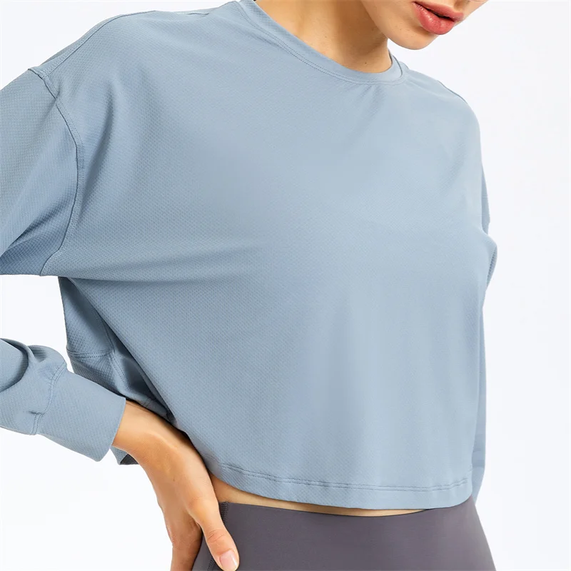Workout Shirts Long Sleeve Crop Top Cropped Sweatshirt Round Neck Sports Gym Yoga Tshirt