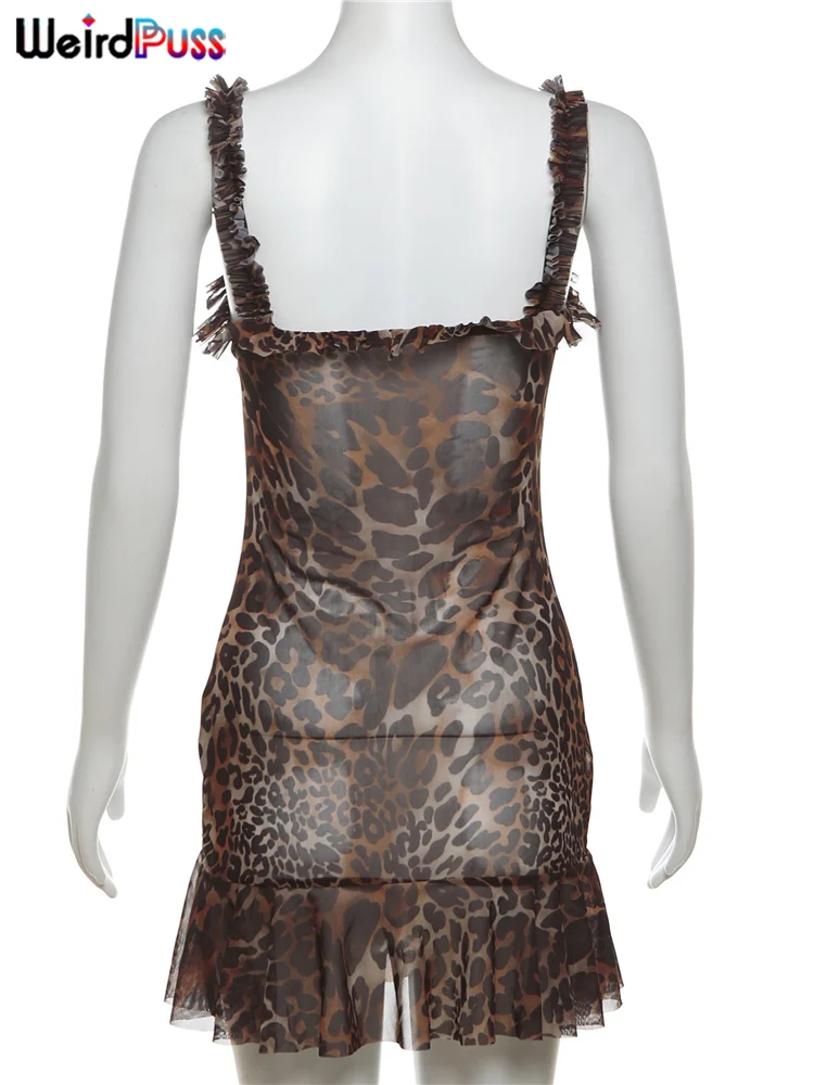 Weird Puss Leopard Print Dress Women See Through Lace V-Neck Sexy Sleeveless Skinny Summer Fashion Chic Ruffle Hem Mini Bodycon 6