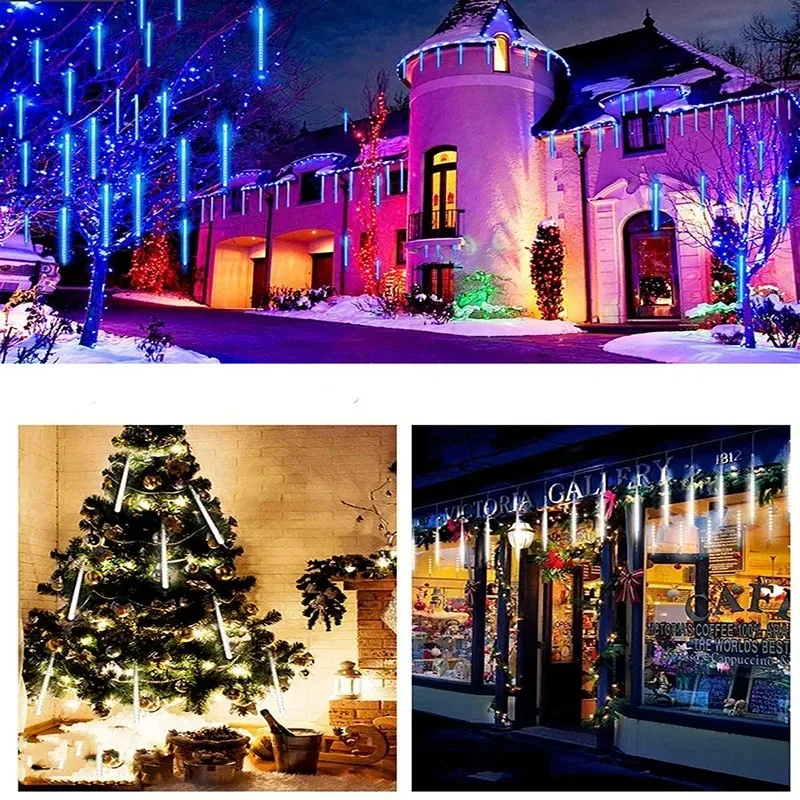 Solar Meteor Shower Rain String Lights Waterproof Garden Light 8 Tubes Christmas Tree Holiday Party Wedding Decoration