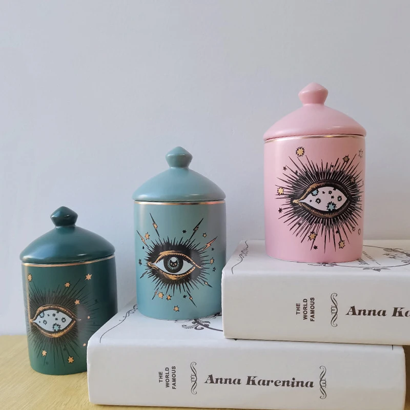 Starry Sky Eye Ceramic Decorative Jars Lids Candle Holder Tarros Para Velas Pot Bougie Vide Verre Keramiek Potje Met Deksel