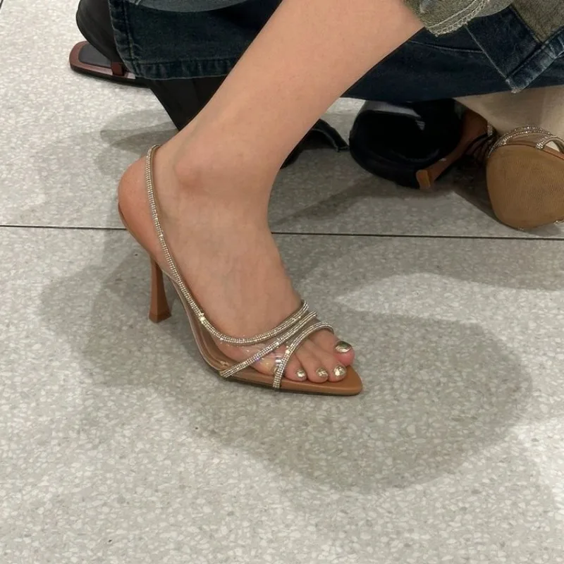 New Women Summer Rhinestone Slingback Pumps Office Lady Transparent Heeled Sandals Elegant Pointed Toe Female Sexy High Heels
