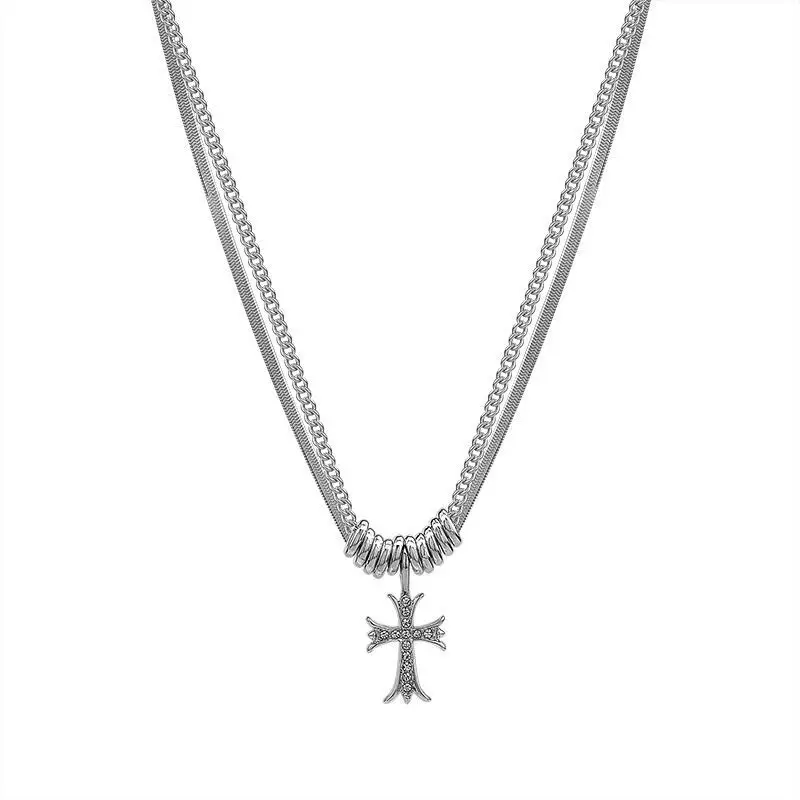 New Fashion Hip-hop Retro Cross Pendant Double-Layer Necklace for Women Luxury Jewelry Original Winter Sweater Collarbone Chain