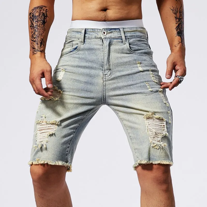 Summer Ripped Jeans Men Stretch Denim Shorts Male Short Jeans Slim Straight Shorts Fashion Black Jeans Man Clothes Streetwear 2