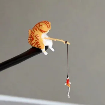 Bastoncini per capelli in legno Forchette Cartone animato Gatto in plastica con disegni di pesci Forcine per chignon in stile cinese vintage Accessori per capelli da donna