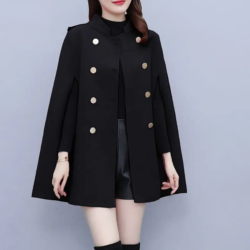 2022Autumn And Winter New Cape Temperament Coat Women's Loose Double-breasted Mid-length Cloak Fashion Woolen Coat Women's Tide