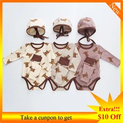 Ensemble 3 pièces pour nouveau né fille et garçon, vêtements solides à carreaux floraux, body à manches longues + pantalon élastique, chapeau, printemps automne 