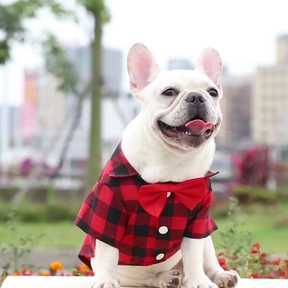 Pet Dog Shirt Bowtie T-Shirts Classical Plaid Thin Breathable Summer Dog Clothes for Small Large Dogs Puppy