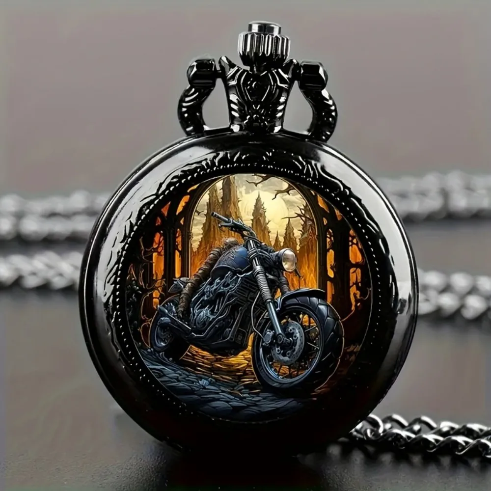 チェーン付き、ブラックのクラシックなヴィンテージバイククォーツ懐中時計