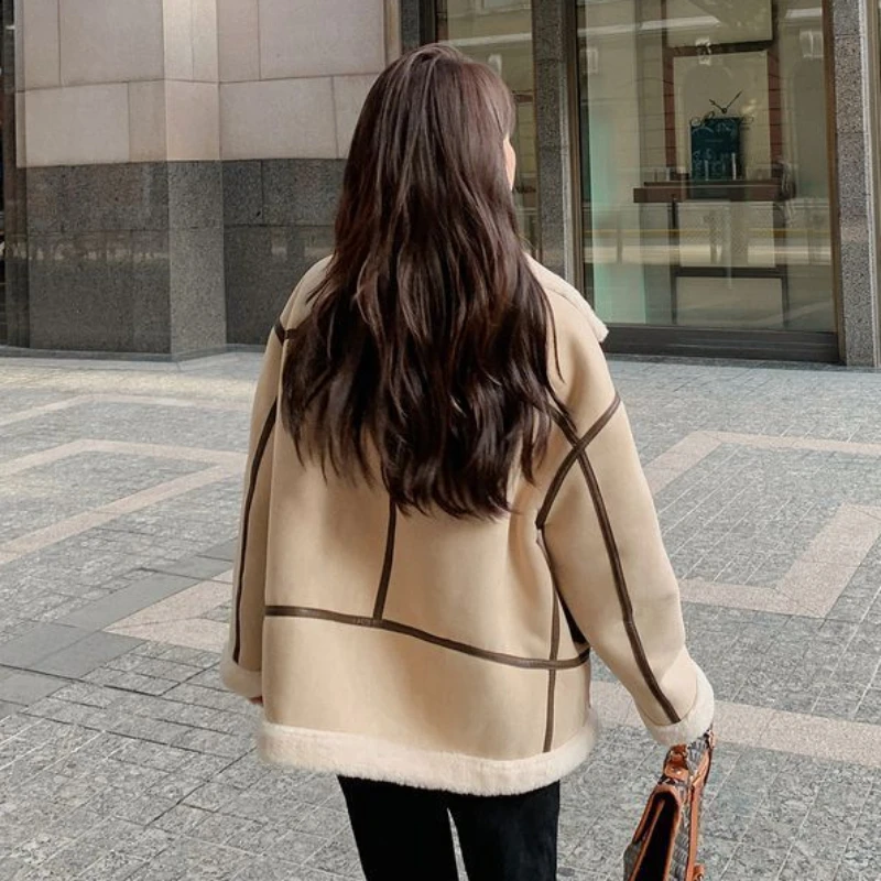 Women's Chic Lamb Wool Biker Jacket, Loose Fleece Warm Coat, Large Size, Casual Versatile Outerwear, Winter Fashion, New, 2024