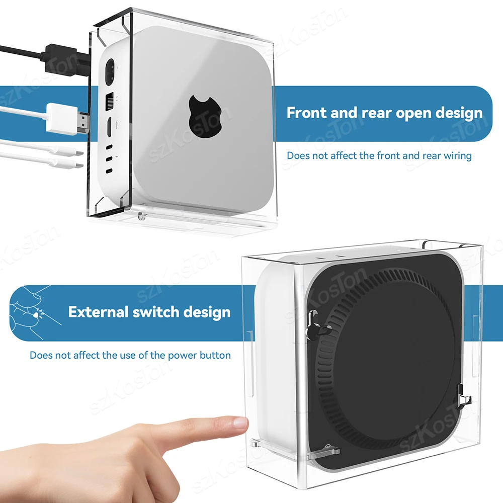 Wall and Undercounter Stand for Mac Mini M4 / M4 Pro Transparent Acrylic Bracket Protective Cover with Power Switch Design