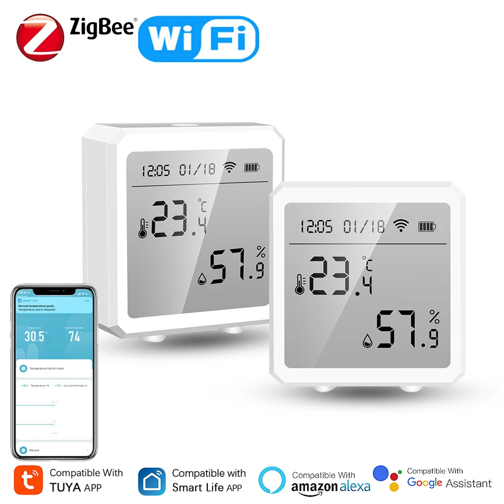 Capteur intelligent de température et d'humidité Tuya WiFi/Zigbee, avec écran d'affichage, hygromètre, thermomètre, compatible avec Alexa et Google Assistant