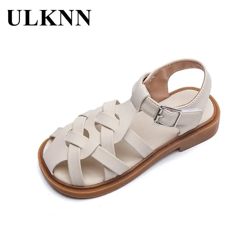 Girls' Solid Sandals 2023 Summer Student Foot Protection Sandals Woven Girls' Non-slip Sandals Hollow Boys' Baby Beach Shoes