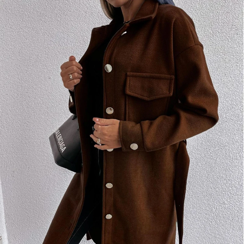 Fashion  Autumn and Winter Women's Clothing Solid Color Mid-length Lapel Single-breasted Lace-up Long-sleeved Woolen Coat