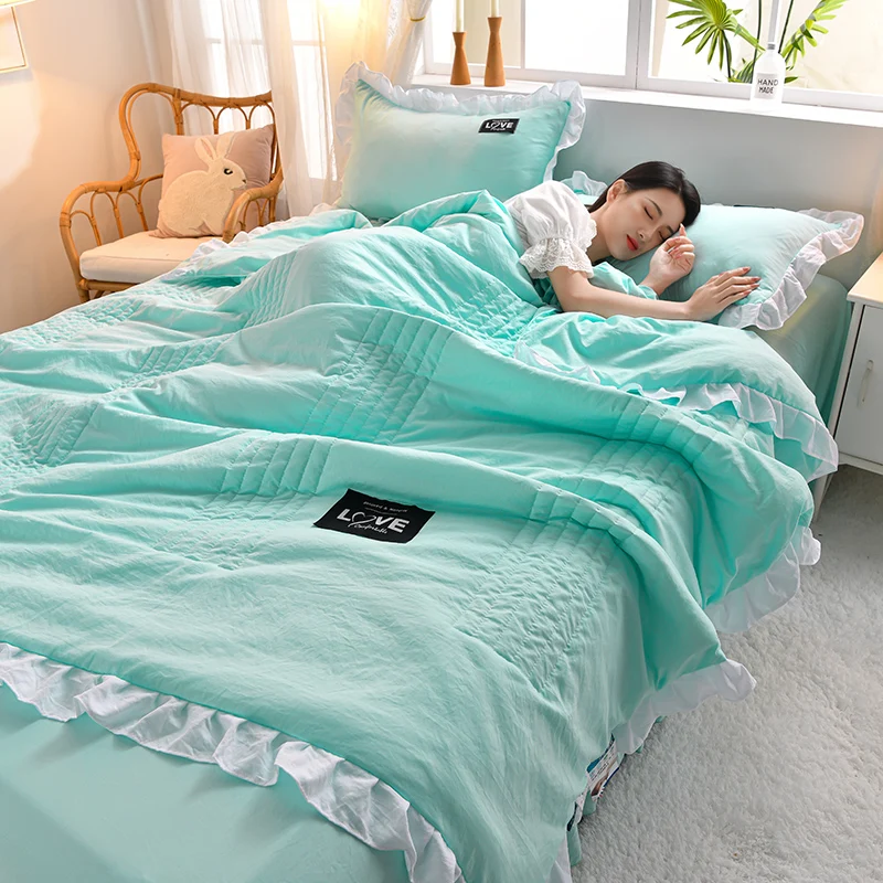 1/3Pc Korean Princess Ruffles Flowers Embroidery Summer Quilt Bedspread on The Bed Quilt Air-conditioning Blanket Bedding Set 6
