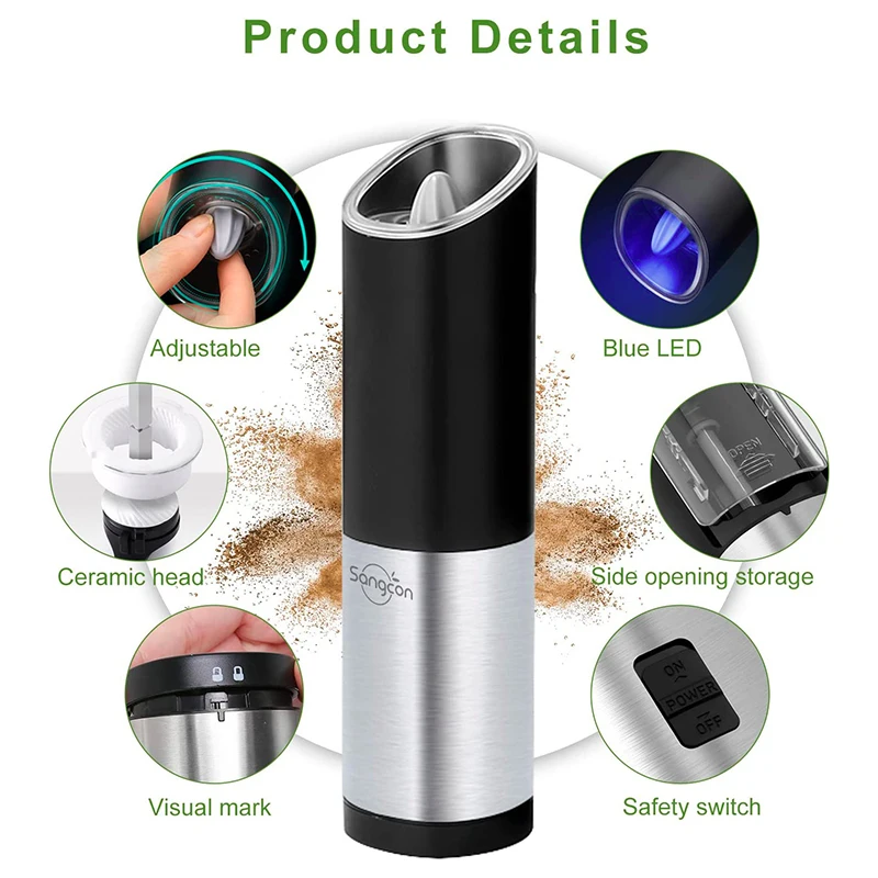 Kitchen Automatic Grinder Spice Mill Battery Operated Adjustable Coarseness Gravity Electric Salt Pepper Grinder Set 2pcs
