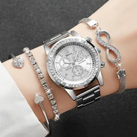 4PCS/Set Fashion Rhinestone Women‘s Watch Stainless Steel Band Quartz Watches Silver Bracelets Set 1