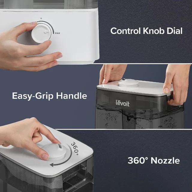 Ultrasonic Top Fill Humidifier, Large 6L Tank Last 60-Hour, Super Quiet, 360° Rotation Nozzle, Knob Control, Auto Shut Off, Gray 5