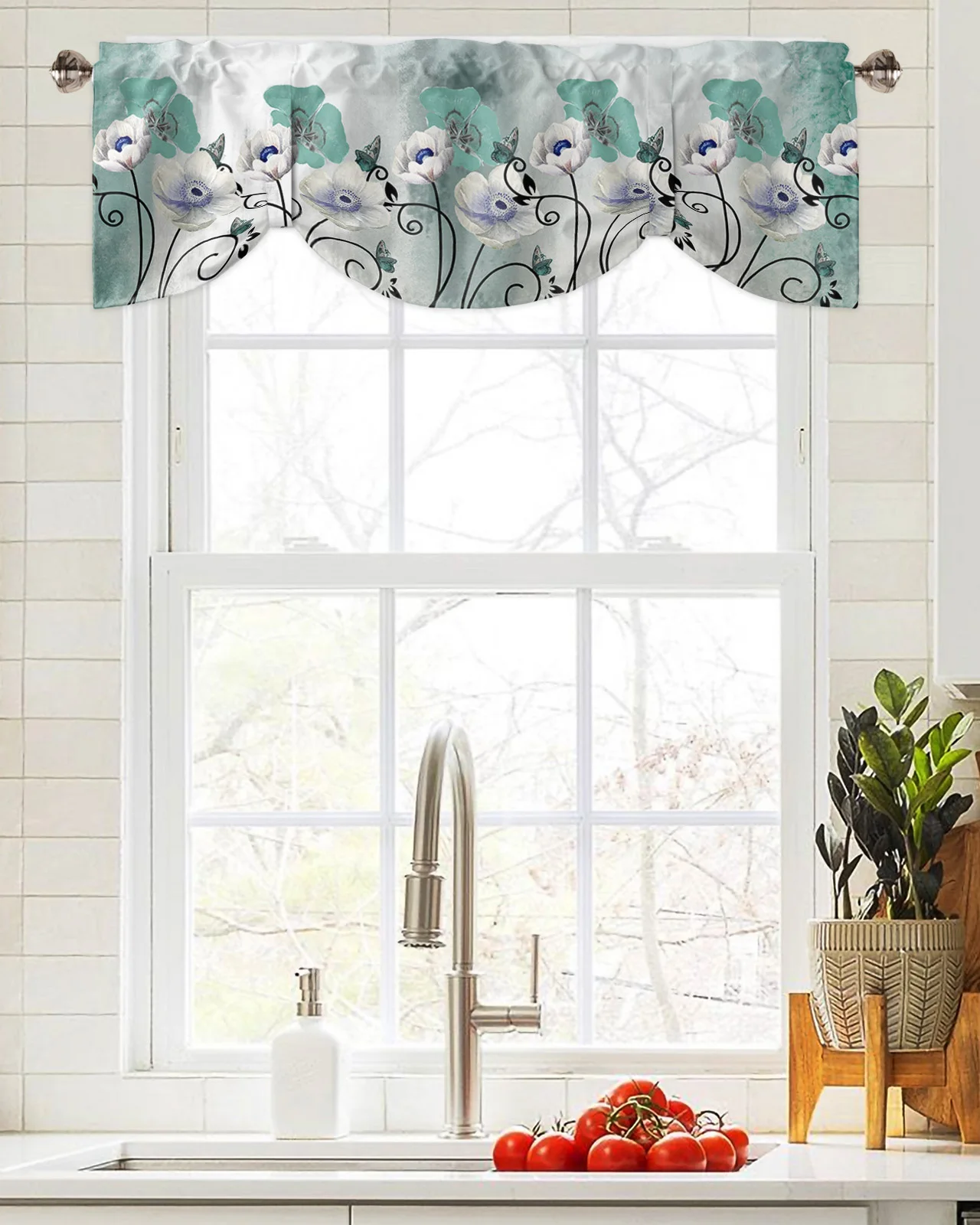 

Watercolor Flower Butterfly Window Curtain Living Room Kitchen Cabinet Tie-up Valance Curtain Rod Pocket Valance