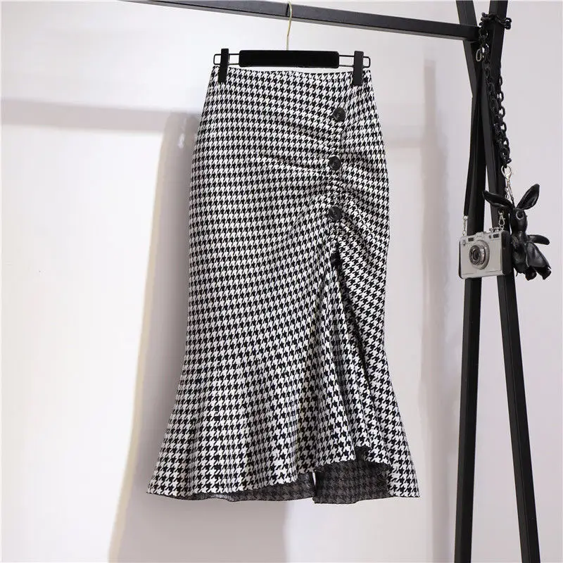 

2023 Spring New Checker Wrap Hip Skirt Half length Dress Mid length Spring and Autumn Elegance Slim Covering Fish Tail Skirt
