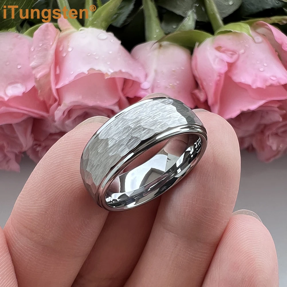 iTungsten 6mm 8mm Tungsten Hammer Ring Men Women Engagement Wedding Band Trendy Jewelry Domed Stepped Edges Comfort Fit