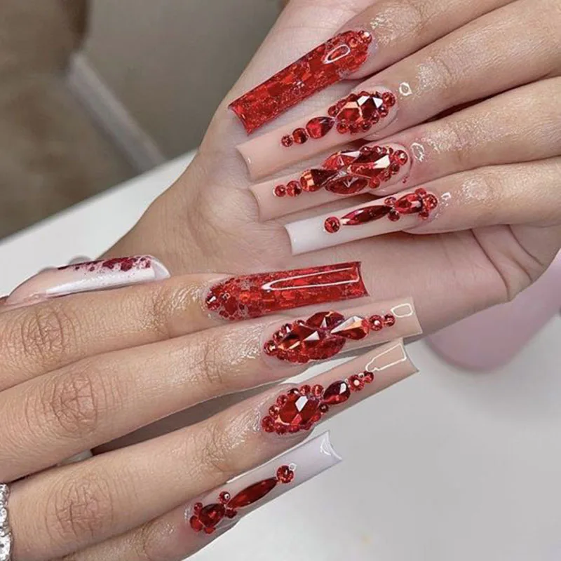 1000pcs Valentine's Day RED Rhinestone 12 Grid FlatBack Mixed-Size Nail  Crystal DIY Non-Hotfix 3D Red Manicure Diamond ZB-2023