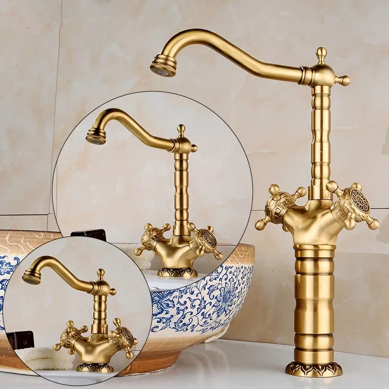 antique brass bathroom faucet  carved Deck mounted Bathroom basin sink Faucet Water Mixer Tap kitchen