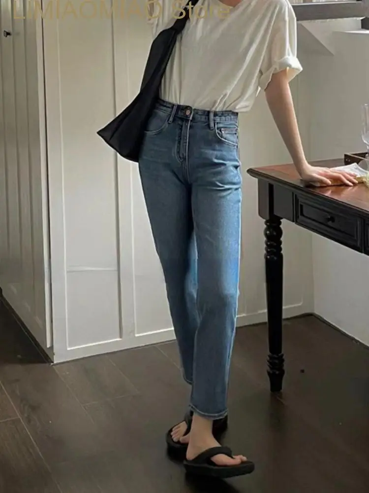 New Elegant Casual Straight Pant Women Bodycon Korean Style Denim Pants Female High Waist Fashion Designer Jeans Pants