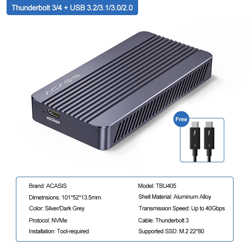 ACASIS TBU401 40Gbps NVMe Enclosure, Aluminum External M.2 NVMe SSD  Enclosure for Thunderbolt 3/4, USB4/3.2/3.1/3.0 Device, Support Size 2280