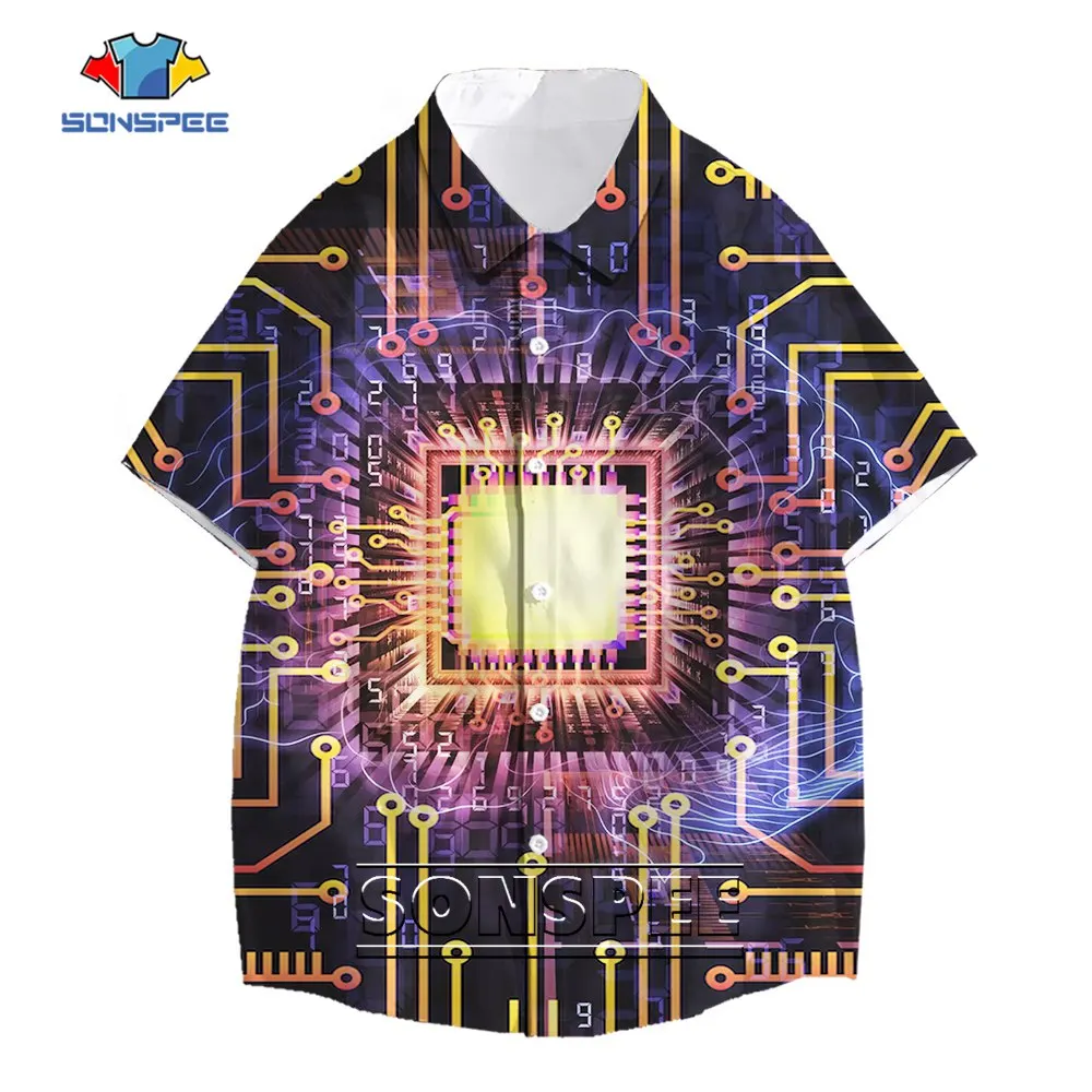 SONSPEE Summer Harajuku Graphic CPU 3D Printing Botton Shirt Men Women's Processor Tops Short Sleeve Circuit Board DiagramBlouse
