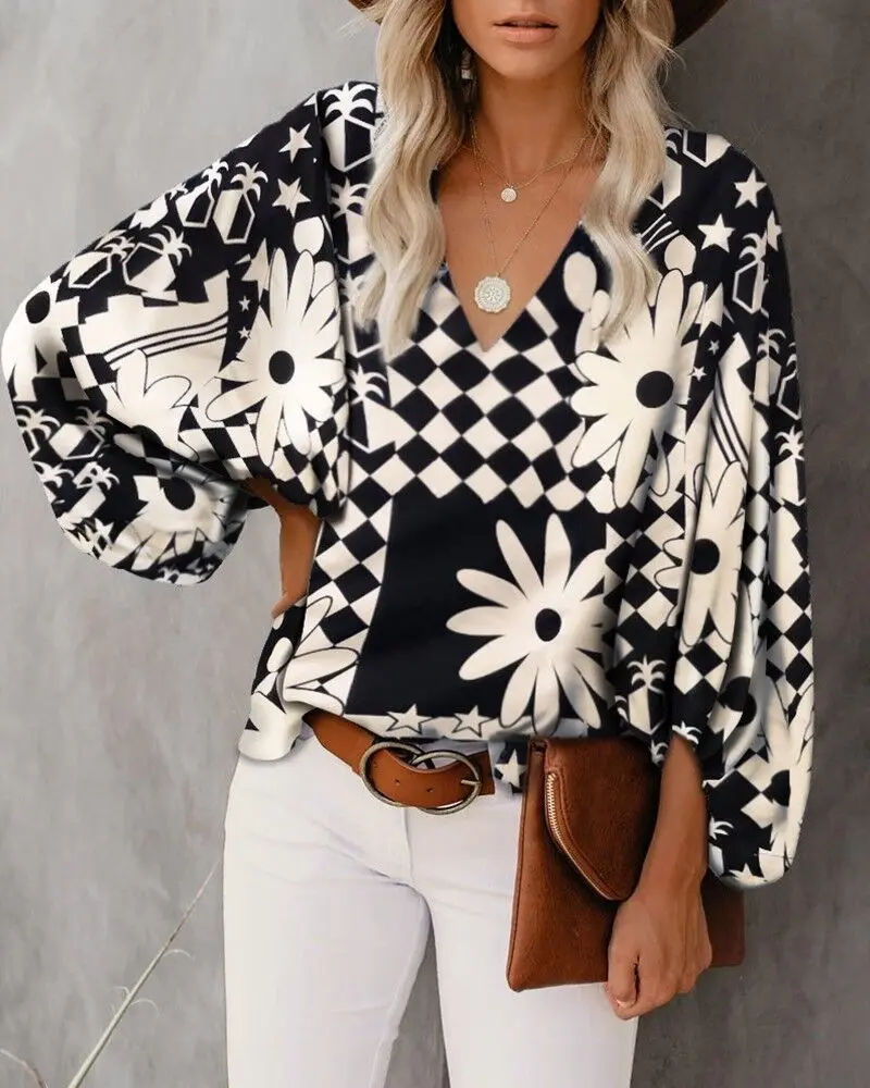Frauen V-ausschnitt Tie Dye Leopard Print Bluse Shirts Casual Langarm Lose Pullover Bluse Tops BNS-H6651_voghion.com