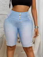 Plus Size Women's Denim-inspired Tight Five-division Shorts with Side Lace-up Design and High Elasticity for Casual Wear