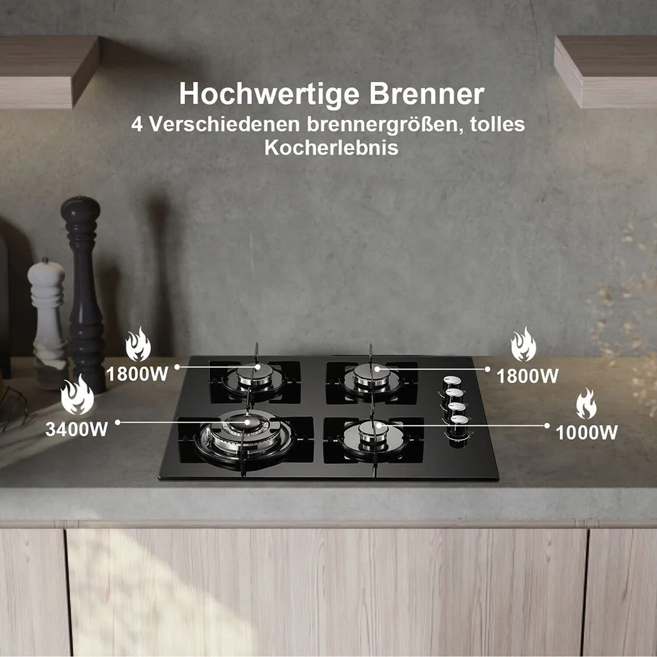 Piano Cottura A Gas TopStrong 4 Fuochi Incasso Vetro - 8060W, Griglie Ghisa, Protezione Flame-Out E Bambini - Foto 4