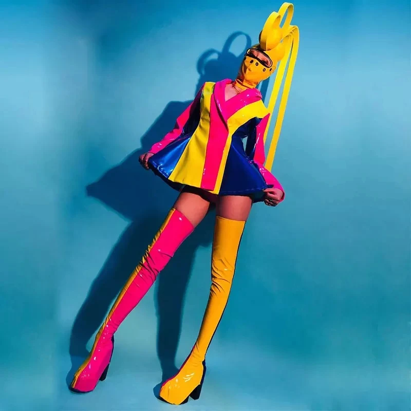 

Женский комплект бикини из искусственной кожи, пикантный костюм певицы-диджея в масках для выступления на сценвечерние, танцевальный костюм клоуна для ролевых игр