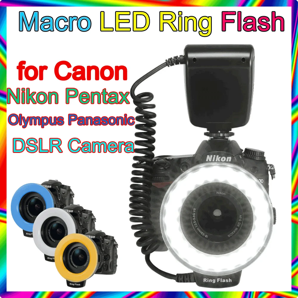 RF-550D 48pcs Macro LED Ring Flash Bundle with 8 Adapter Ring for Canon Nikon Pentax Olympus Panasonic DSLR Camera Flash V HD130 on camera flash camera flash