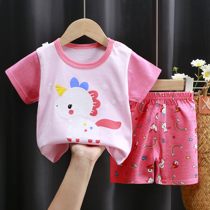 Summer Girls Short Clothes Suit Cartoon Unicorn Cotton Short Sleeved Top +Shorts 2pcs Set Children Casual Toddler Kids Girl Set
