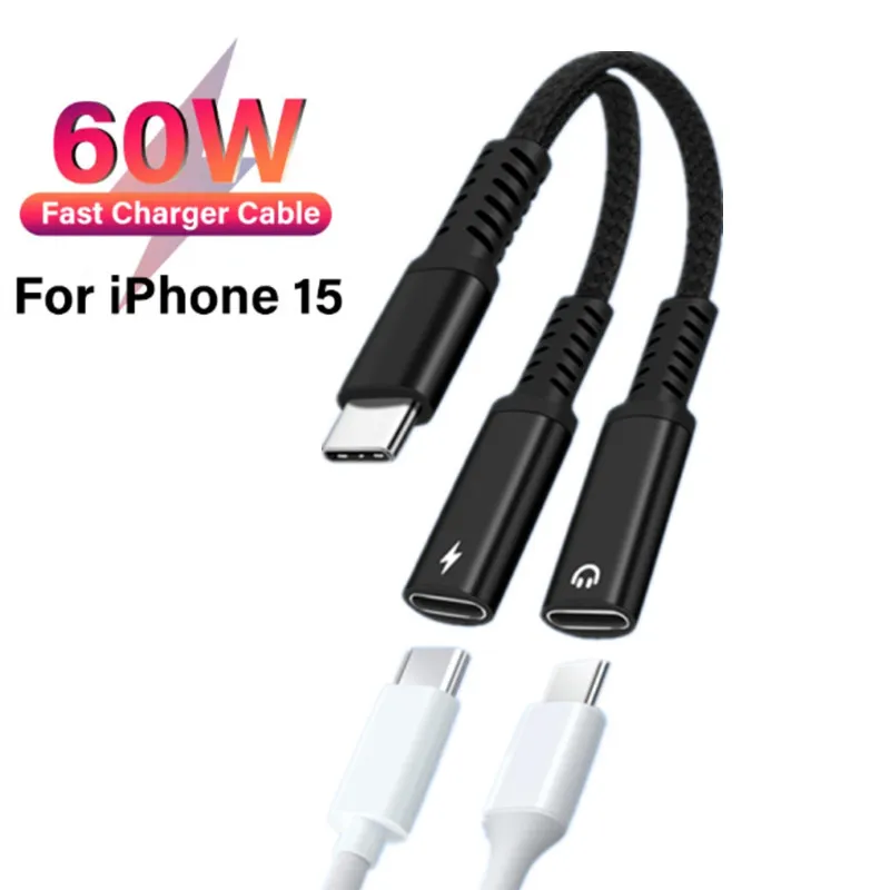 

2 In 1 60W USB C To TYPE C Headphone Audio Splitter Converter Adapter Cable With PD Charging for iphone 15 15pro 15plus