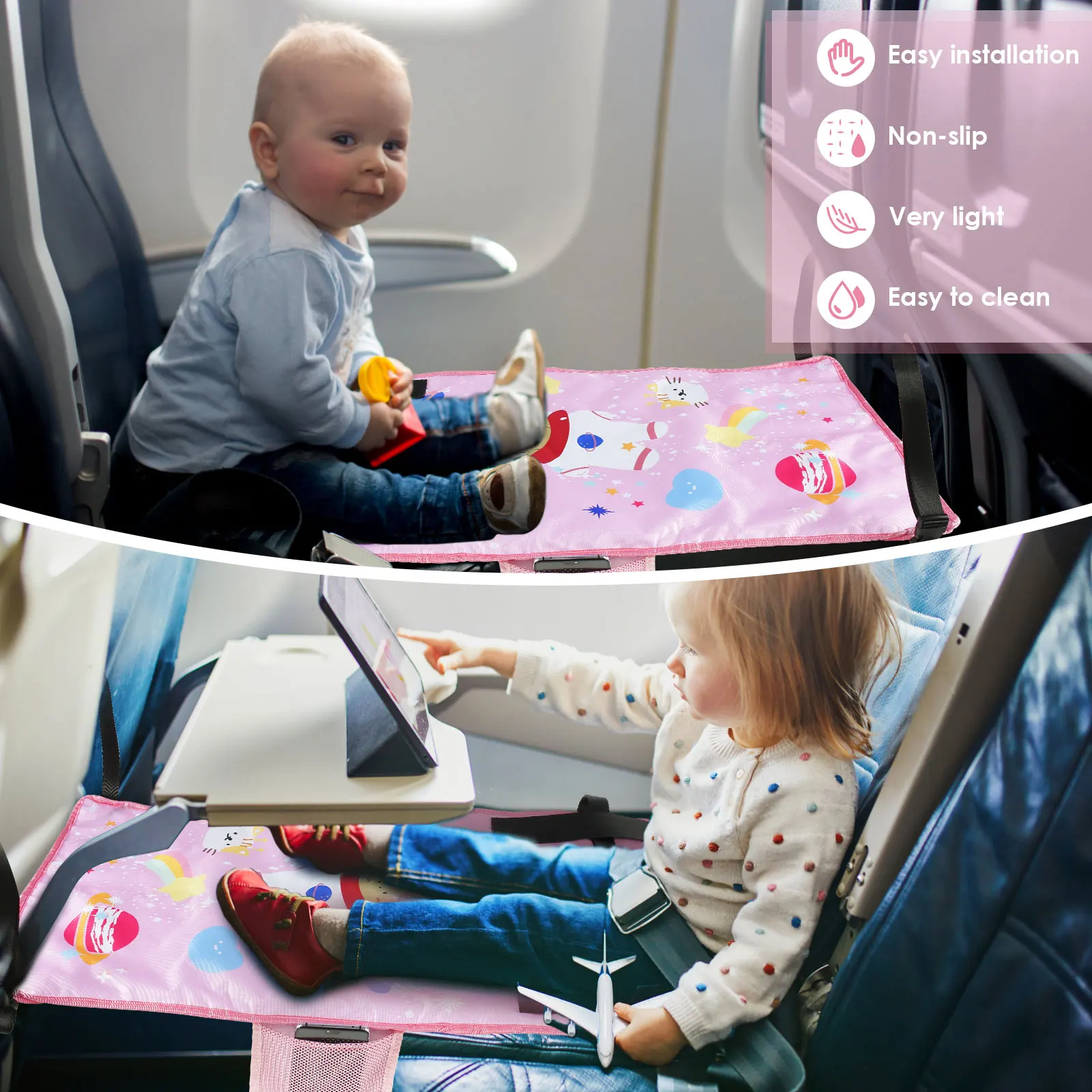 Cama de avión de viaje para niños, extensor de asiento de avión de bebé portátil con bolsa de almacenamiento, extensor de coche, reposapiés para niños, dibujos animados