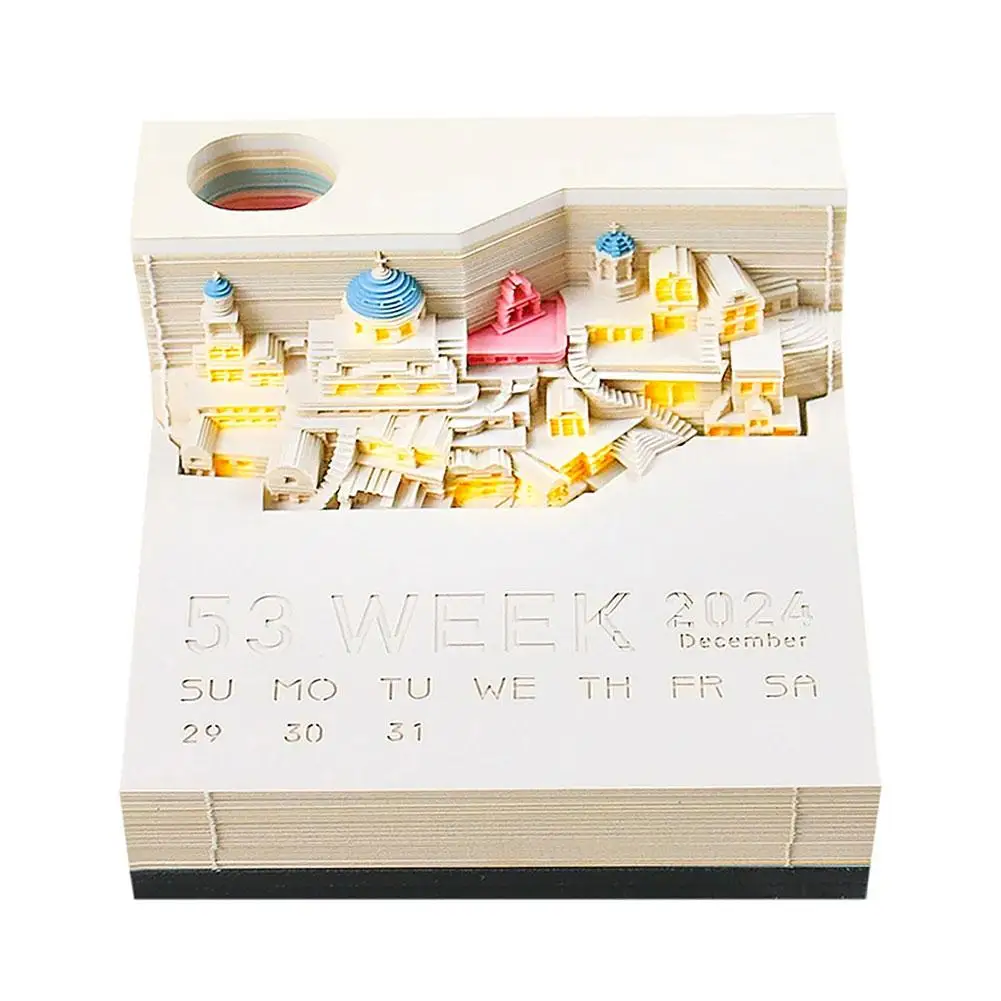 3D 메모장 2024 달력 메모 2024, 산토리니 3D 메모장 블록, Led 노트 종이 아트 책상 달력 선물, 1 개