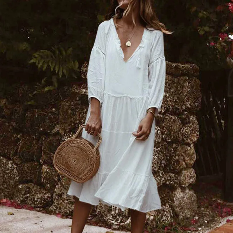 

Sexy V-neck 3/4 Sleeves Solid Bohemian Dress Women's Casual Lace Patchwork Pleated Long Dress 2023 New Autumn Loose Party Dress