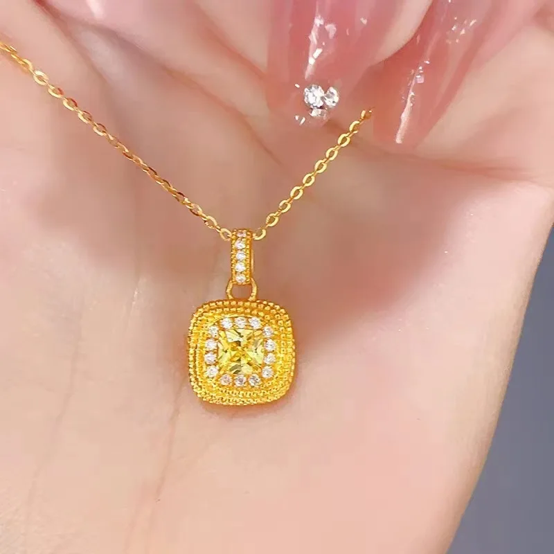 

Gold Color Necklace for Women Wedding Lucky Love Jewelry Yellow Diamond Square Pendant Chain Luxury Gift for Girlfriend Not Fade