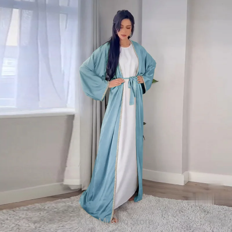 Open Kimono Abaya Shiny Satin Caftan Femme Outfit Turkey Kaftan Kebaya Modest Dubai 2024 Luxury Muslim Women Dress Musulmane - Image 6