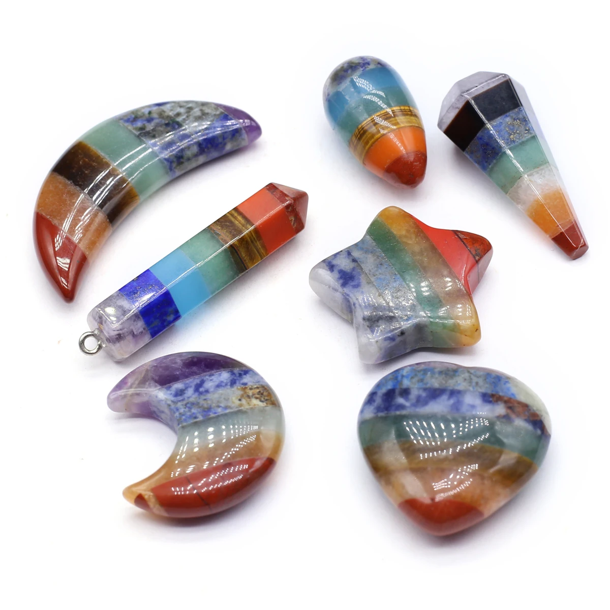 5PCS Geometric Shape Seven Chakras Natural Stone Splice Colorful Pendant Jewelry Making DIY Necklace Accessories Charm Gift